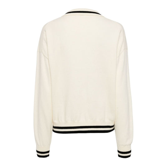 Back view of a custom wool blend knit polo sweater in off-white with black stripes on the collar and hem.