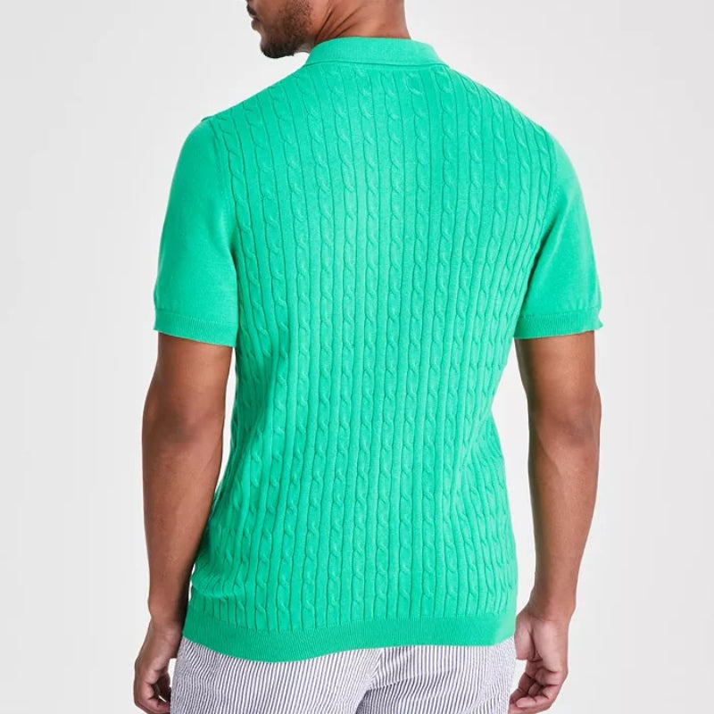 Back view of Custom Polo Collar Wool Men's Knitted Sweater showing detailed cable knit pattern.