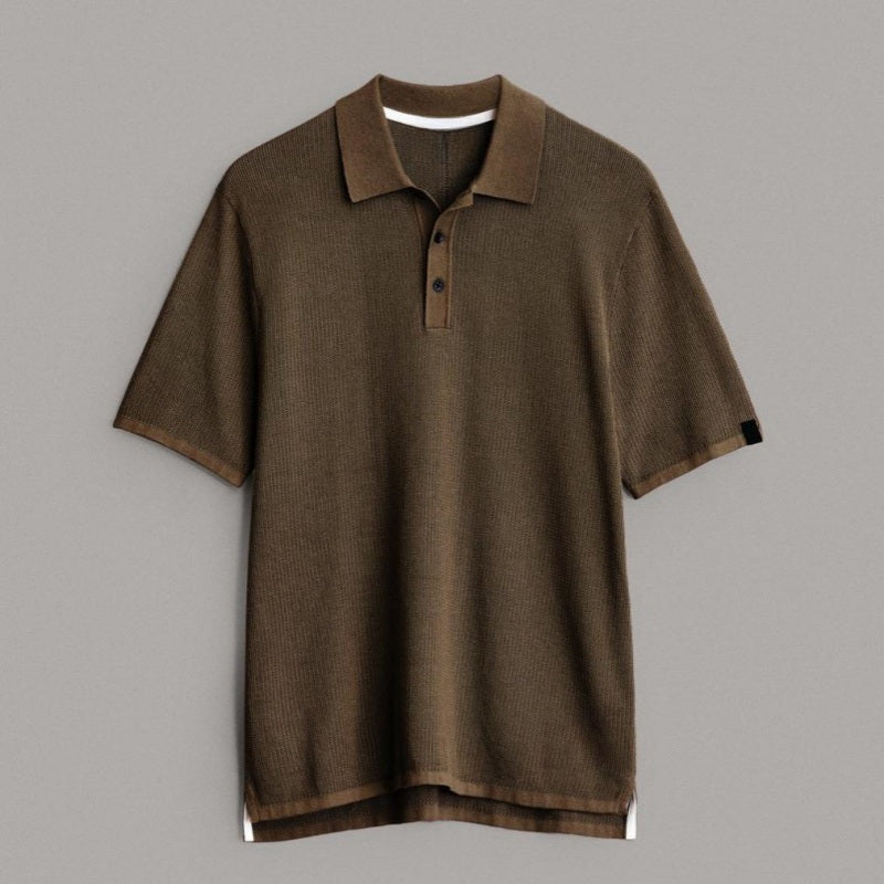 Custom Short Sleeve Polo Collar Men's Knitwear in olive green, displayed on a flat surface.