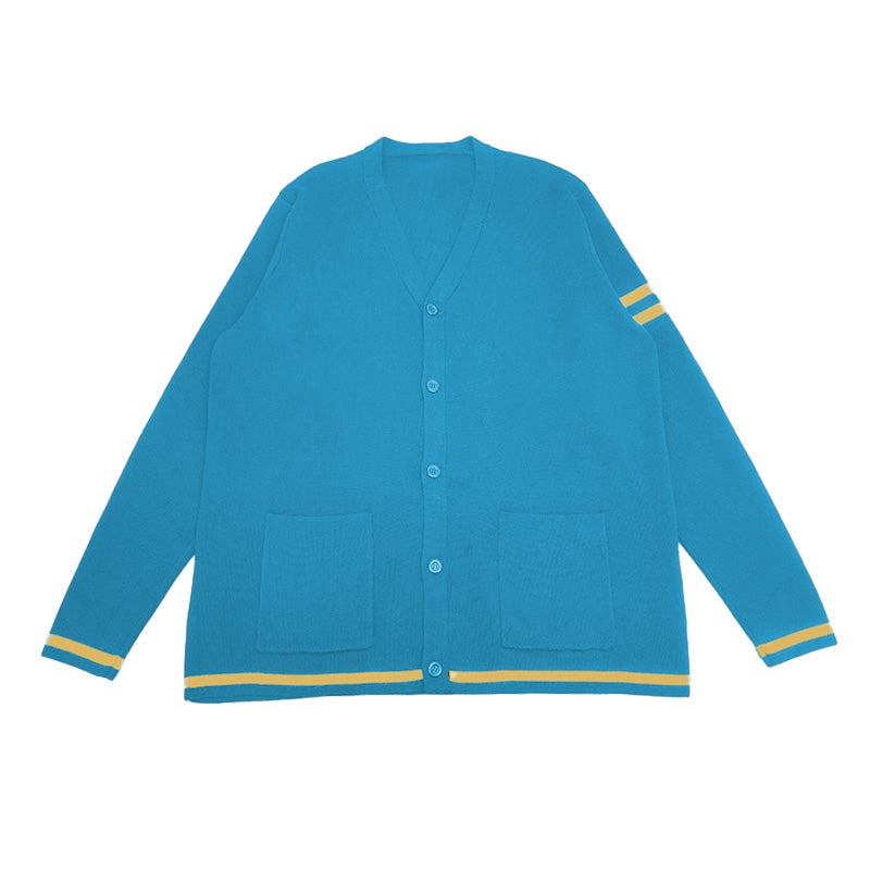 Custom blue cardigan with yellow stripes, designed for group and organization wear, perfect for preppy style or letterman cardigan customization