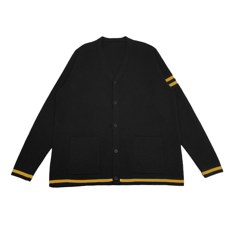 Custom black cardigan with yellow stripes, ideal for letterman cardigan or group organization apparel, available for personalized embroidery