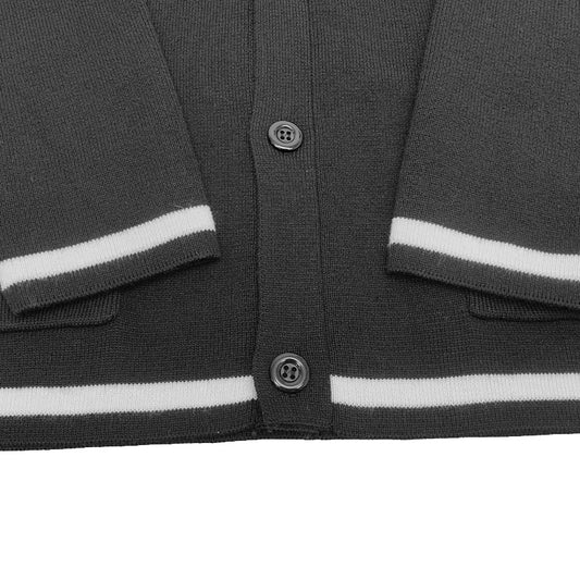 Close-up view of black cardigan with white stripes, custom knit option for group or organization apparel, ideal for preppy style and letterman cardigans