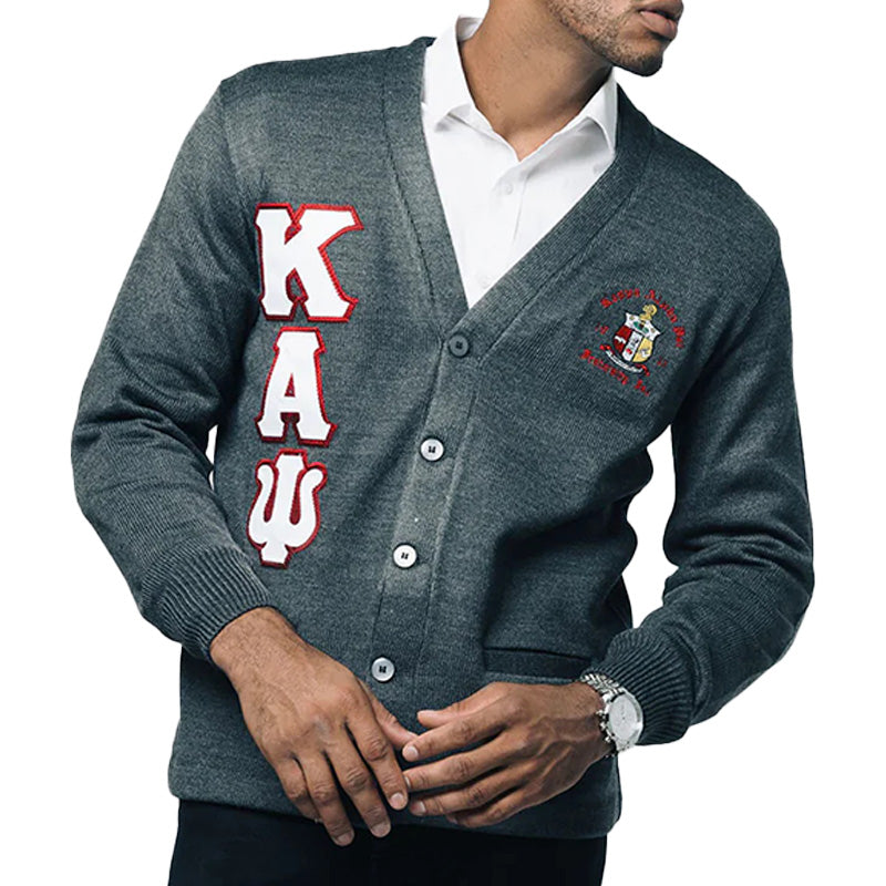 Custom Grey Fraternity Cardigan Embroidered (Model Wearing)
