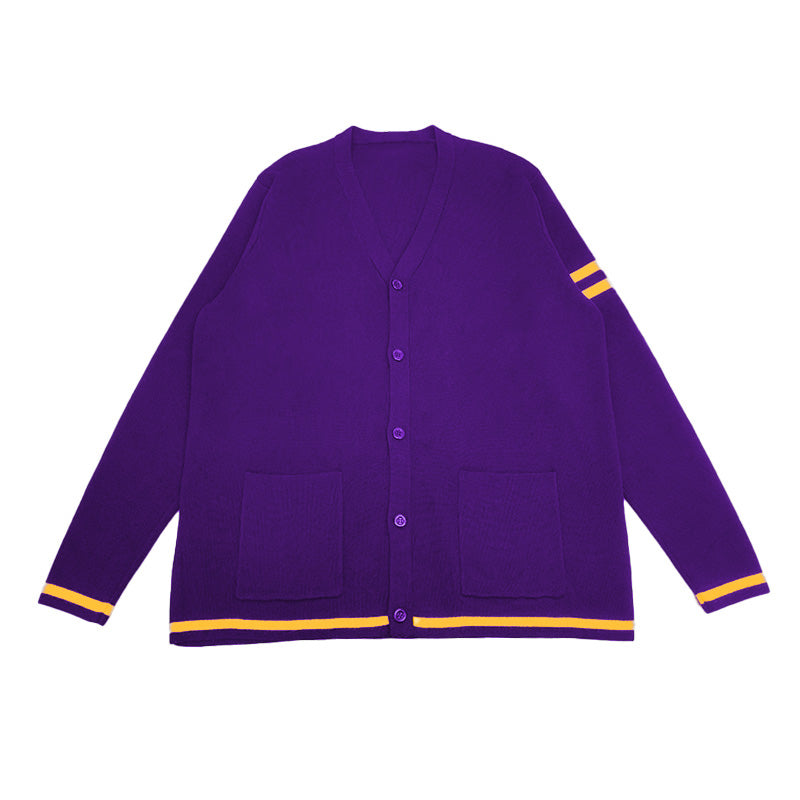 Purple cardigan with yellow stripes, perfect for preppy style or custom group and organizational apparel.