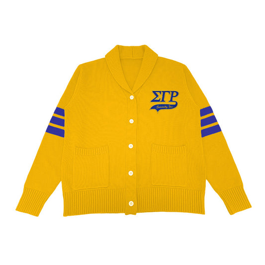 Gold cardigan sweater with blue ΣΓΡ embroidery for Sigma Gamma Rho Sorority, Inc. – ideal for custom group apparel