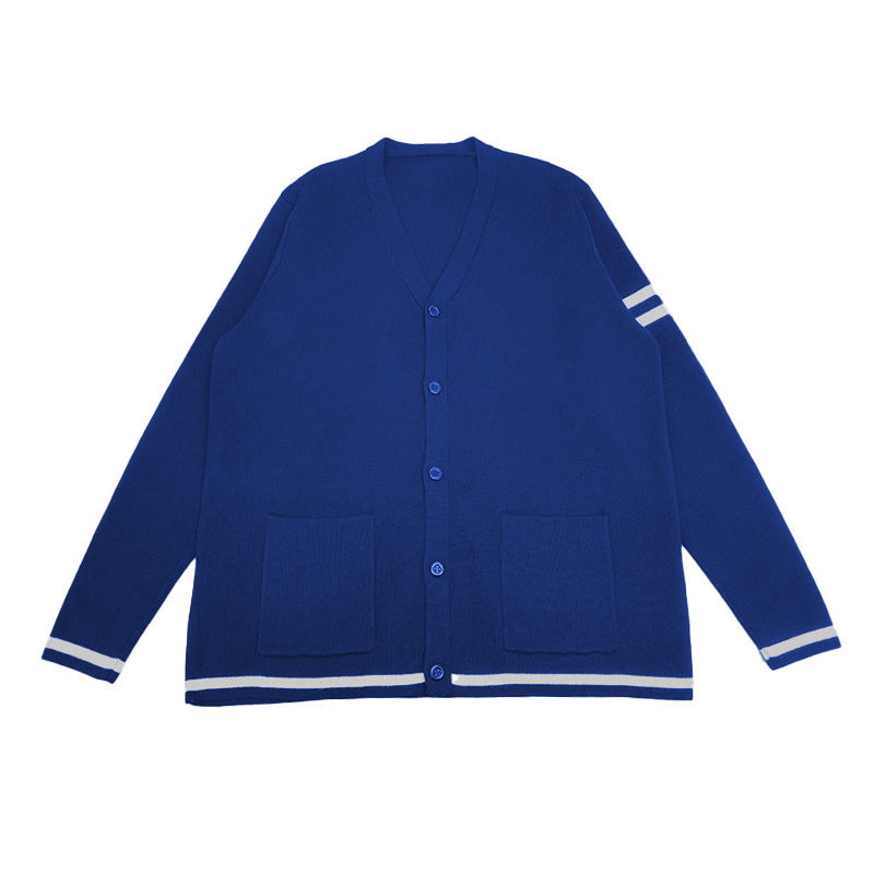 Blue cardigan with white stripes, ideal for group and organization customization, perfect for preppy or letterman style cardigans