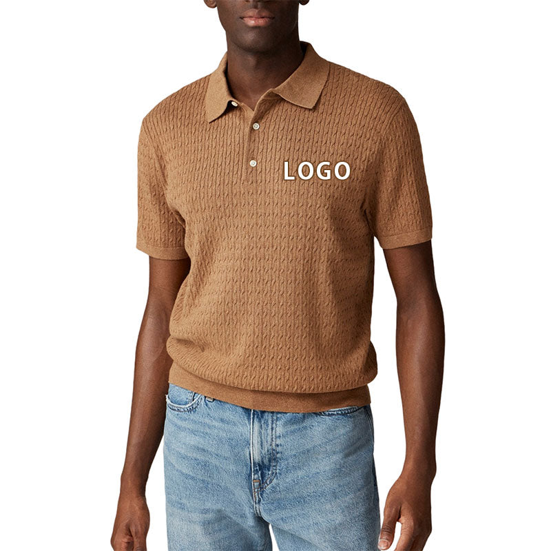 Front view of a custom 100% cotton solid knit polo shirt with logo button design, worn by a model, featuring short sleeves.