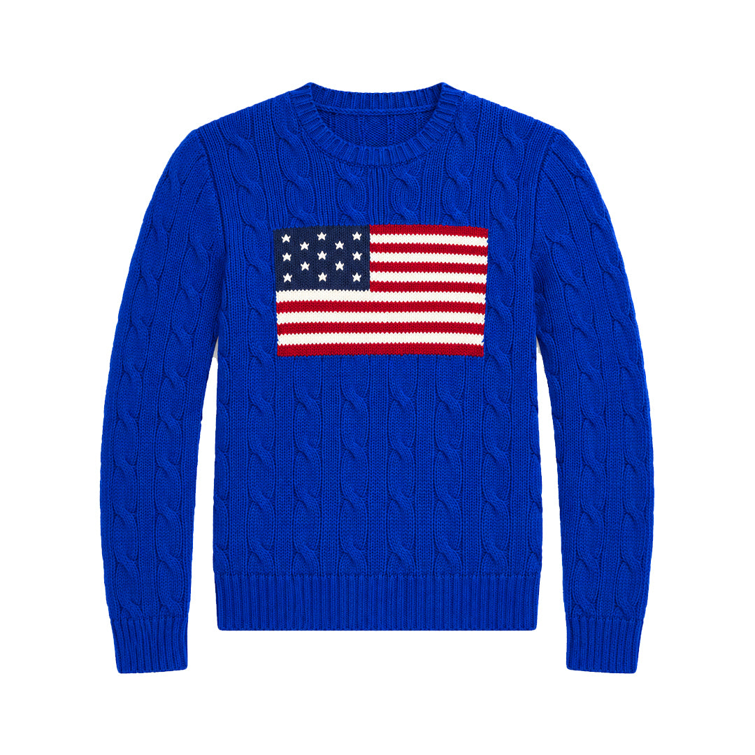 Custom Blue American Flag Crew Neck Knit Pullover - PG10283
