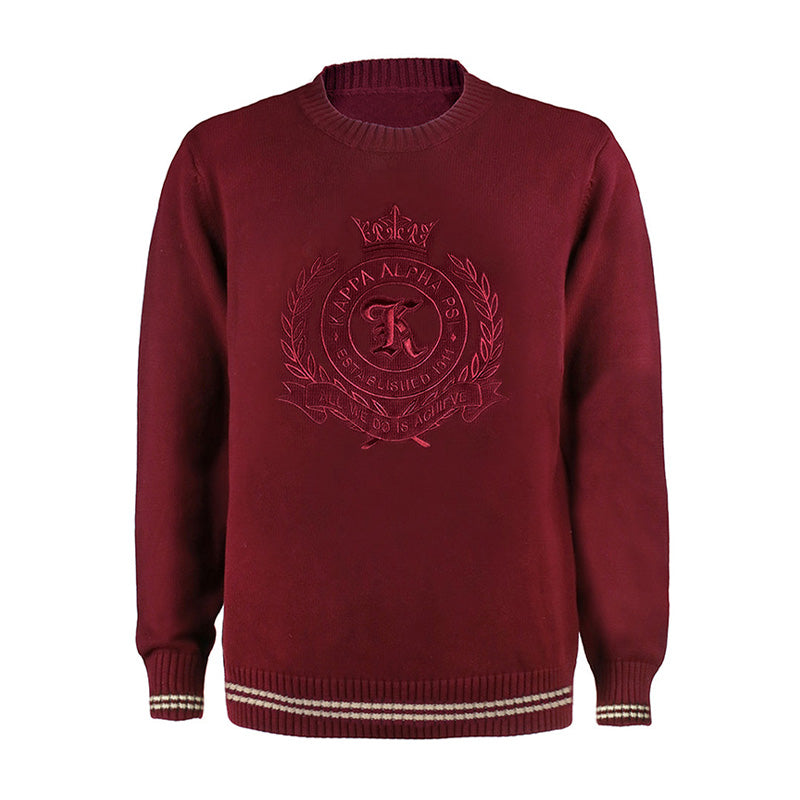 Maroon custom fraternity knit sweater with embroidered fraternity logo. Bulk orders for Greek organizations available