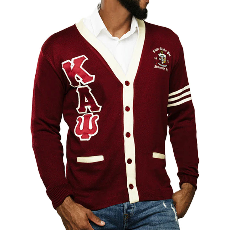 Custom Burgundy Fraternity Cardigan Embroidered (Model Wearing)