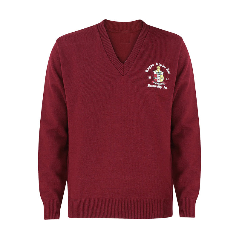 Custom maroon v-neck sleeveless fraternity sweater with Greek shield embroidery on the chest. Ideal for Greek organizations manufactured for bulk orders