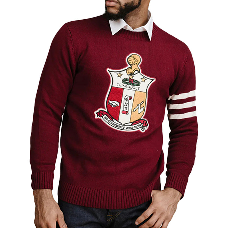 Custom fraternity knit sweater with white stripes on the sleeve and embroidered fraternity shield on the chest. Ideal for group orders