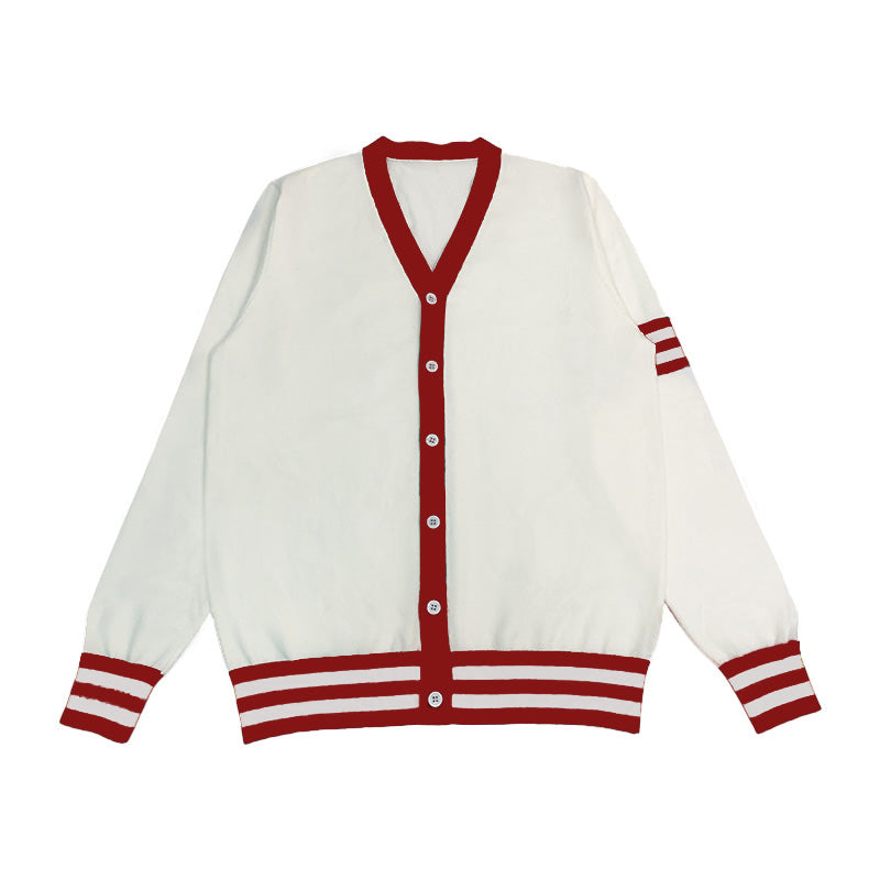 Custom varsity cardigan with red and white stripes, perfect for Greek life apparel and team uniform customization
