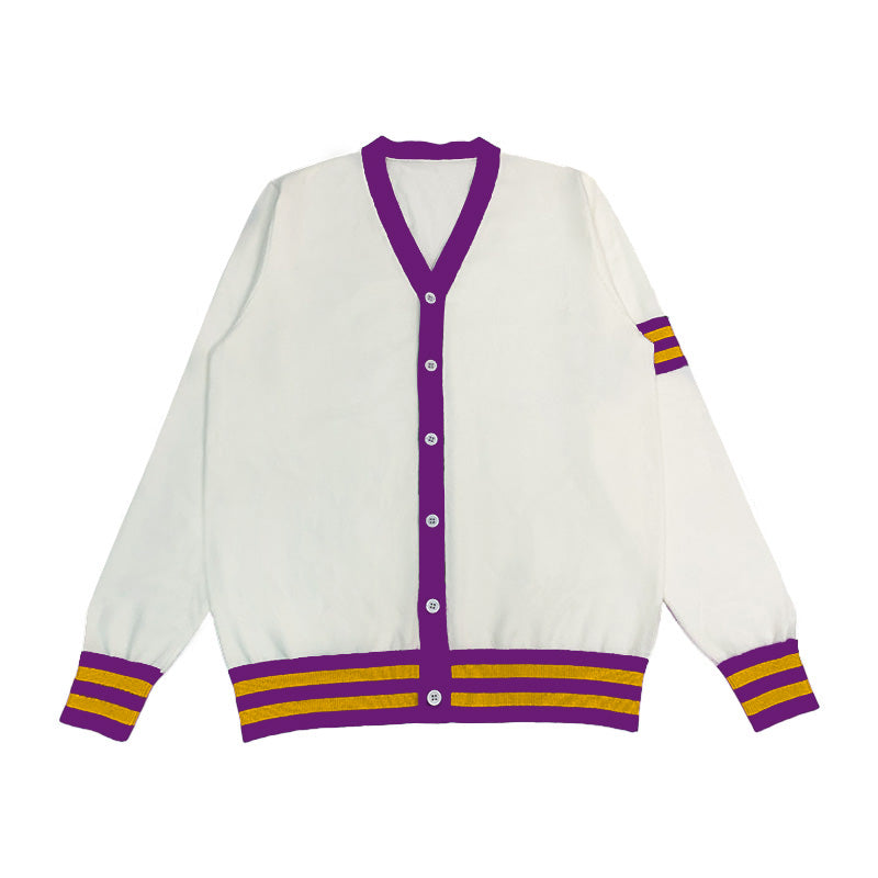Custom varsity cardigan in white with purple and yellow stripes, perfect for creating personalized group or Greek life jackets