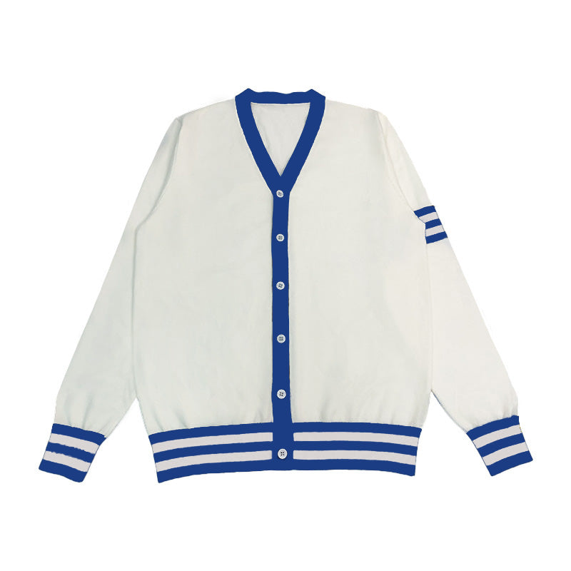 Personalized varsity cardigan in white with blue and white stripes, ideal for customization for teams or organizations