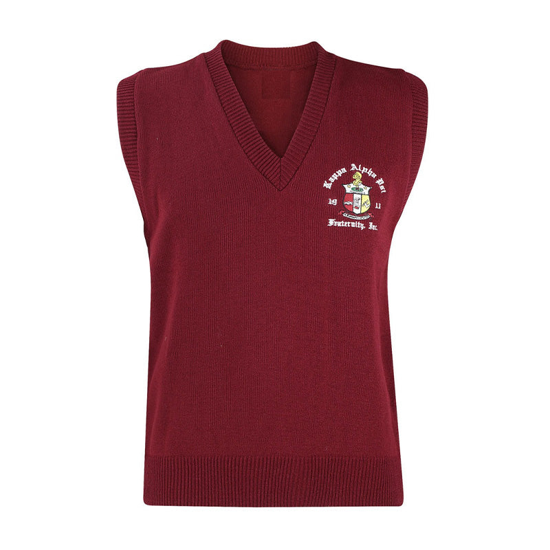 Custom maroon v-neck sleeveless fraternity sweater with Greek shield embroidery on the chest. Ideal for Greek organizations manufactured for bulk orders.
