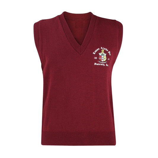 Custom maroon v-neck sleeveless fraternity sweater with Greek shield embroidery on the chest. Ideal for Greek organizations manufactured for bulk orders.