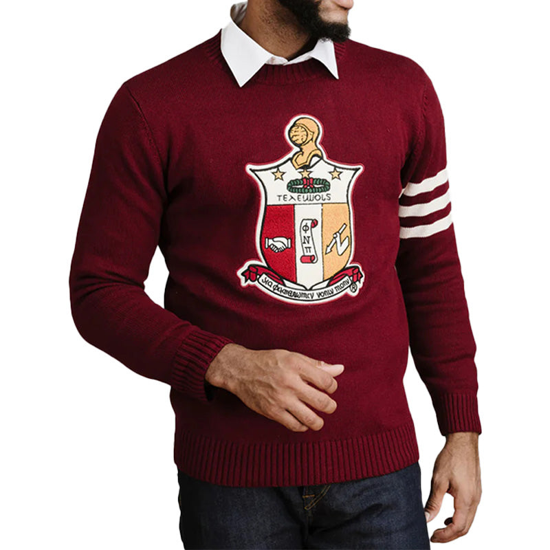 Custom maroon fraternity sweater with embroidered shield and three white stripes on the sleeve. Bulk manufacturing available for Greek organizations