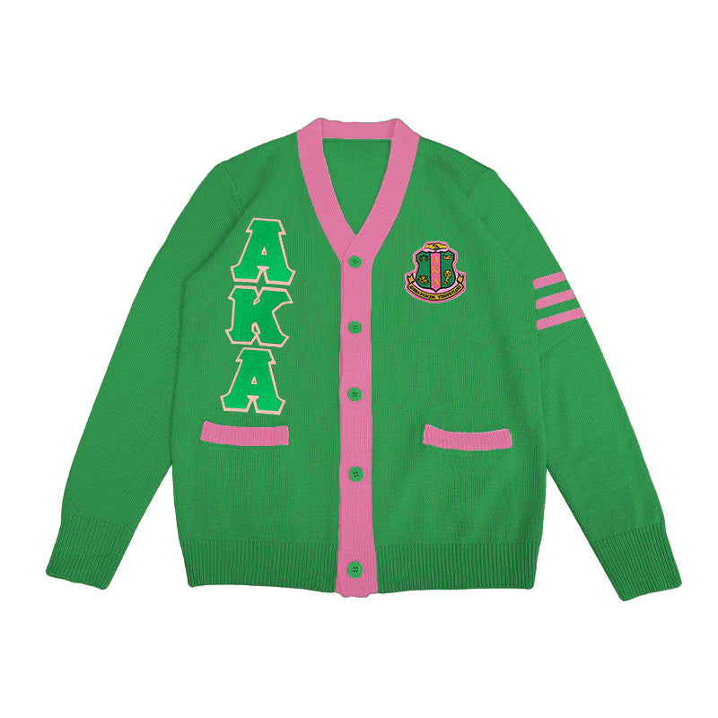 AKA sorority cardigan in vibrant green and pink, designed with large embroidered letters and the official Alpha Kappa Alpha crest, perfect for team customization and events