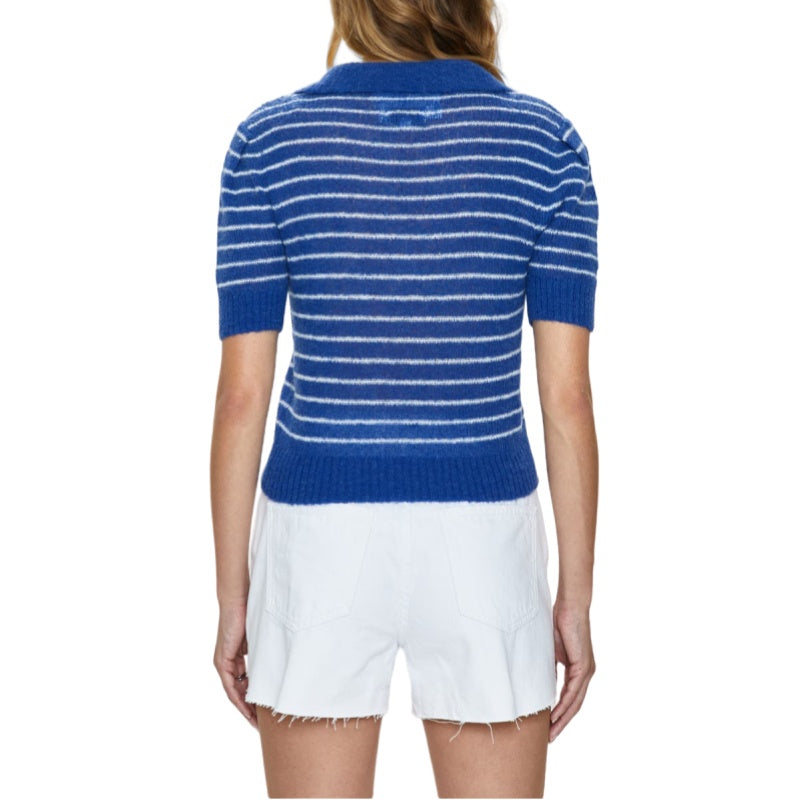 Rear view of a blue and white striped short-sleeve knit sweater worn by a model. The sweater has a ribbed hem and collar, offering a fitted, comfortable look.