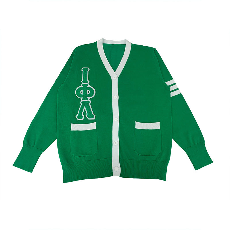 Custom Iota Phi Lambda Green Greek Life Cardigan with White Trim