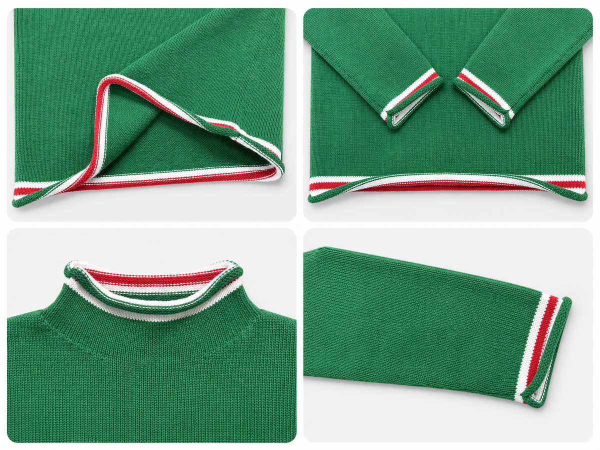 Close-up of the green pullover's neckline, raglan seams and white trim.