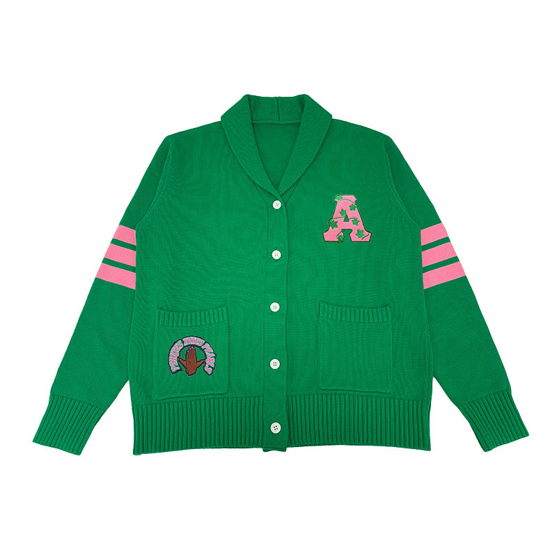 Custom green cardigan sweater with pink AKA Greek letters and embroidered group patch – perfect for sorority or fraternity apparel