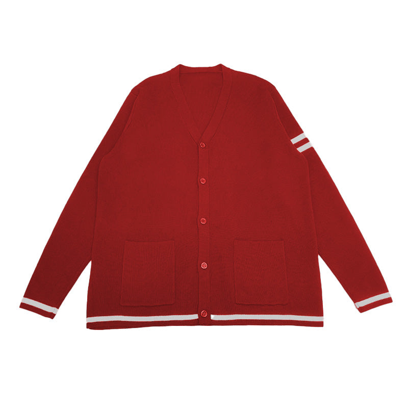 Red cardigan with white stripes, perfect for custom group or organization embroidery, tailored for preppy and letterman style