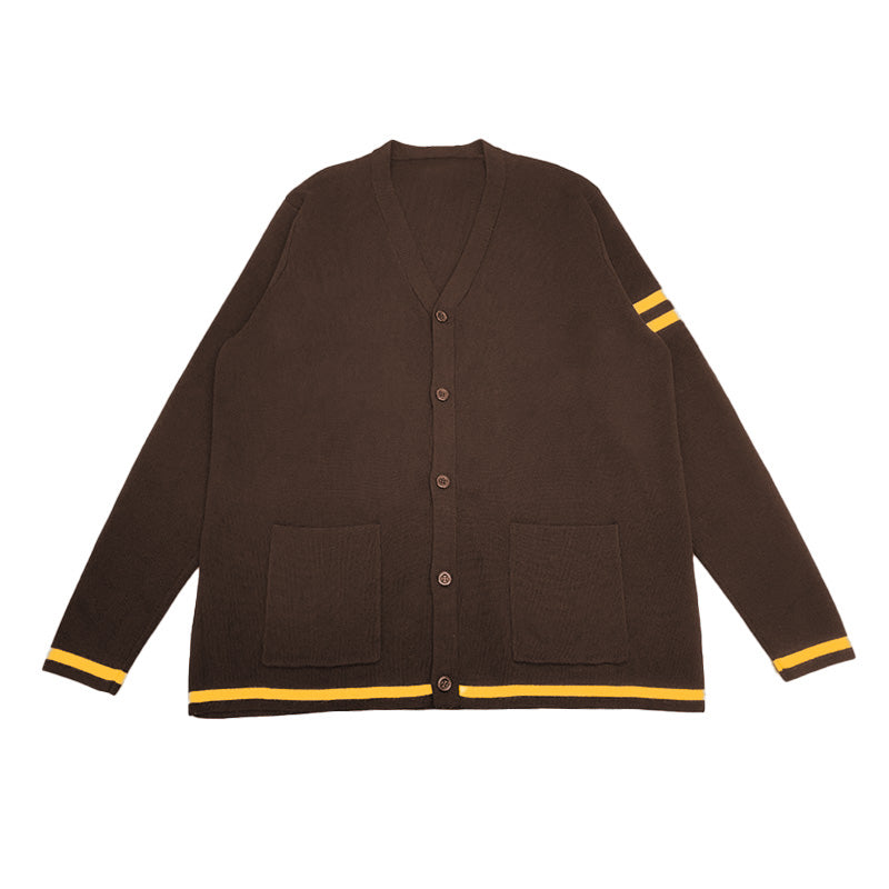 Brown cardigan with yellow stripes, ideal for personalized group uniforms or preppy style customization, offering letterman cardigan options