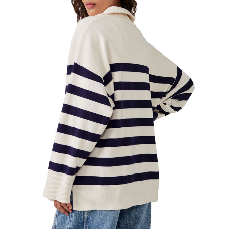 Back view of a woman in a custom wholesale cotton blend loose striped quarter-zip lapel pullover sweater in beige and blue jeans