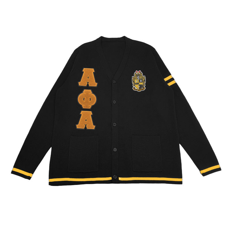 Custom black Greek life cardigan with embroidered Alpha Phi Alpha letters and crest, ideal for fraternity group wear, personalized letter cardigans for Greek organizations