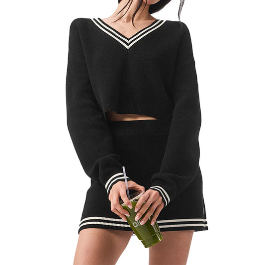 Woman Wearing Custom 100% Cotton Knit Sweater Two-Piece Crop Set - Front View