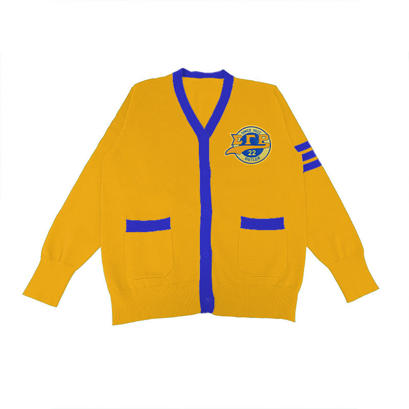 Sigma Gamma Rho cardigan in gold and royal blue with crest and 1922 Butler founding detail, perfect for custom Greek life apparel and sorority group orders