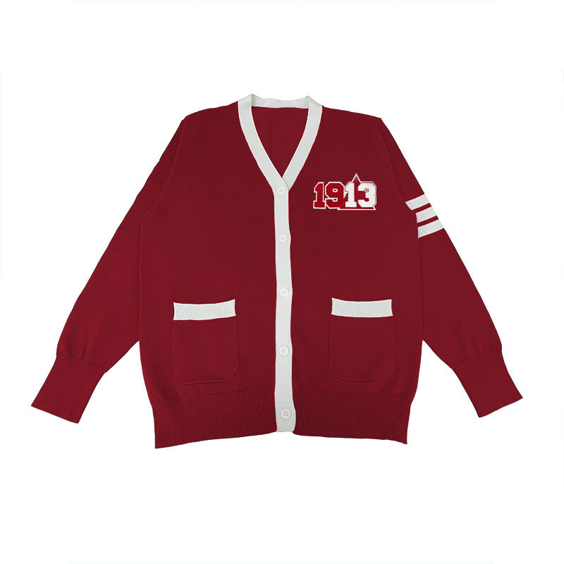 Delta Sigma Theta cardigan in crimson and white with bold 1913 embroidery, honoring the founding year, ideal for Greek life and sorority apparel