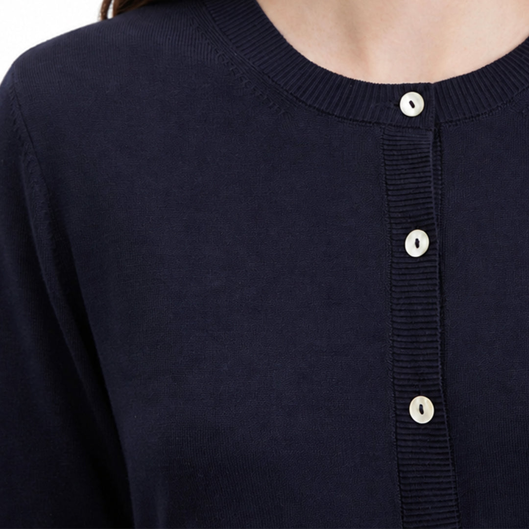 Close-up of the black cardigan's buttons and neckline.