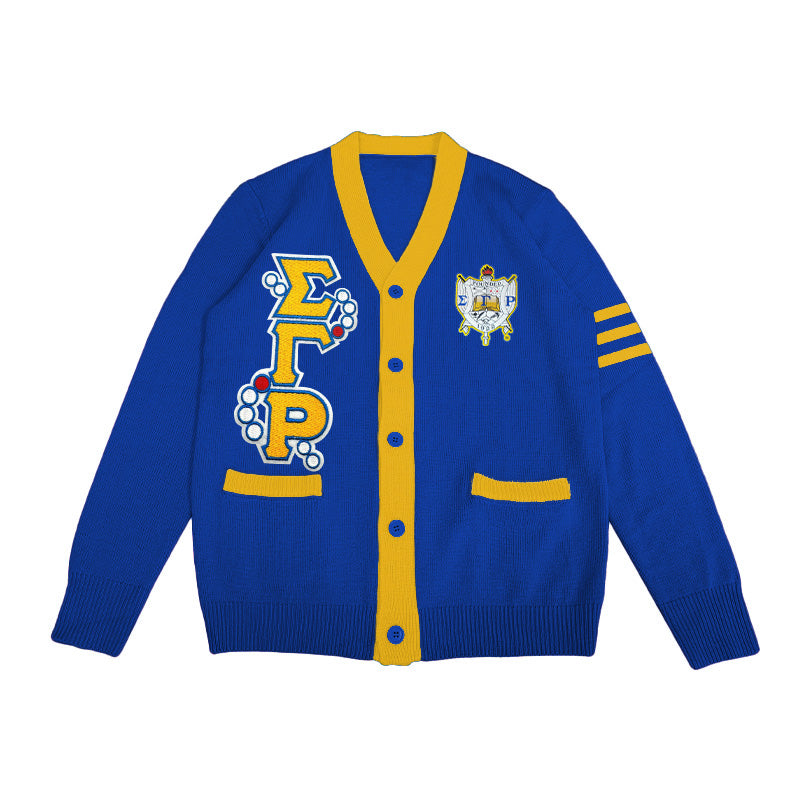 Bold custom Sigma Gamma Rho cardigan in royal blue and gold, featuring oversized embroidered Greek letters and official sorority crest, ideal for Greek life apparel and group orders
