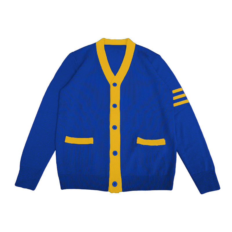 Royal blue and gold custom cardigan – varsity-inspired design for sororities