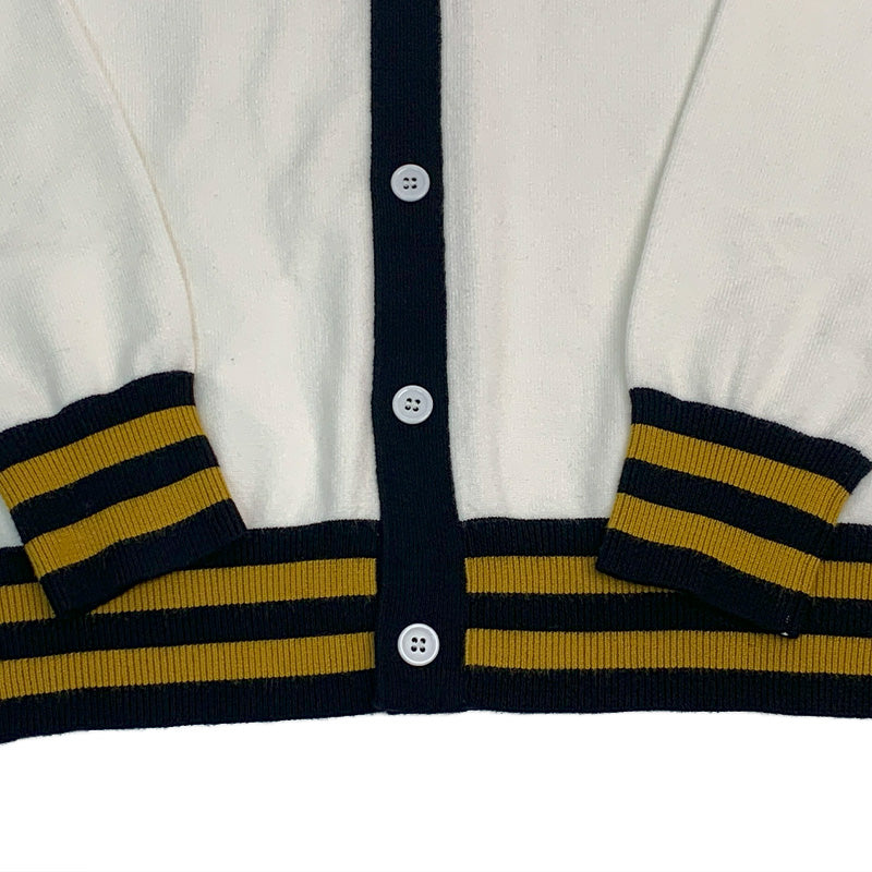 Personalized varsity cardigan in white with brown and yellow stripes, designed for team and group customization