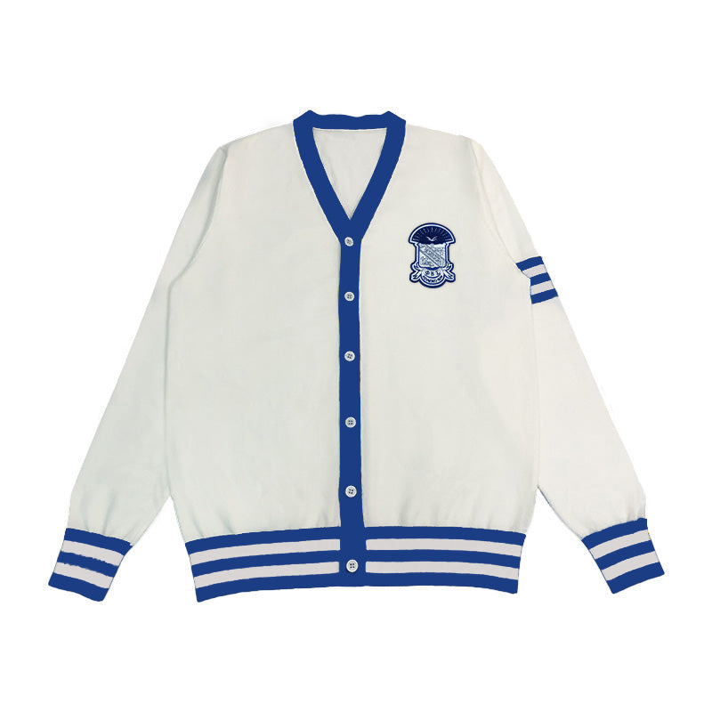 Custom Phi Beta Sigma cardigan with embroidered crest, featuring blue and white stripes, ideal for Greek life and fraternity spirit wear