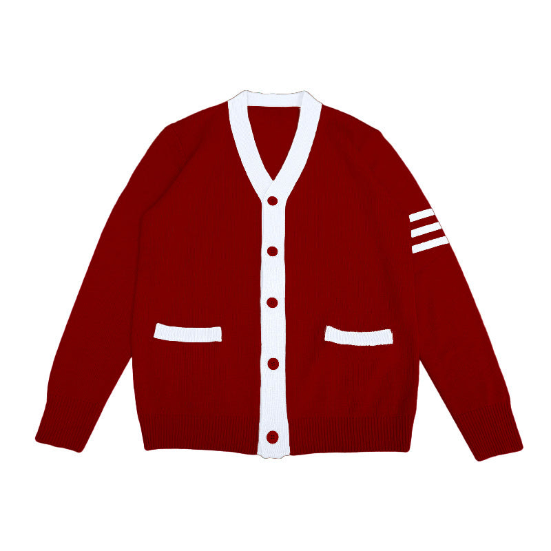 Red and white lettered cardigan – ideal for custom group embroidery