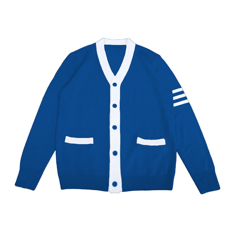 Blue and white knitted cardigan – OEM design for school and fraternity apparel