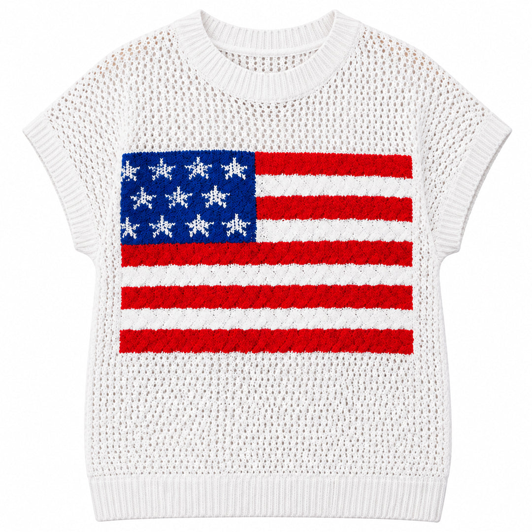 Flat lay of white short sleeve knit sweater with American flag design