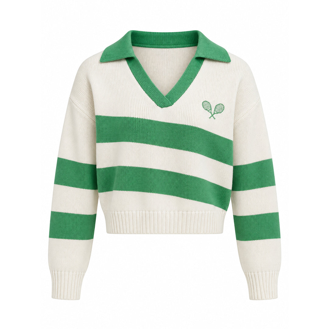 White women's V-neck knit cardigan with green stripes and ribbed trims