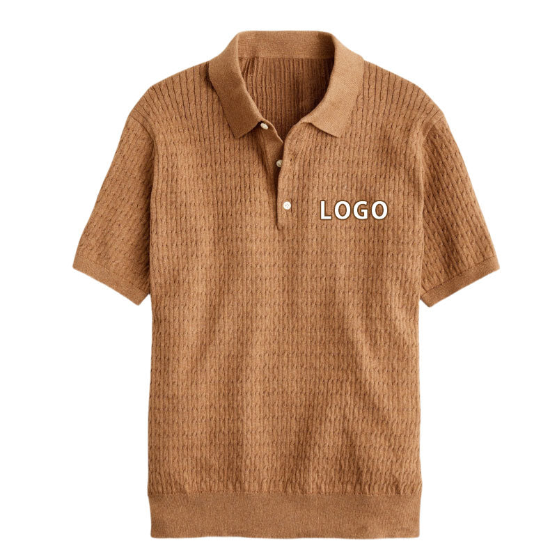 Flat lay image of a custom 100% cotton solid knit polo shirt with logo button design, featuring short sleeves.