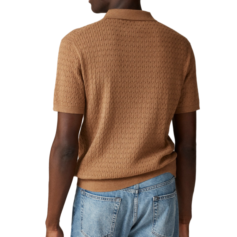 Rear view of a custom 100% cotton solid knit polo shirt with logo button design, worn by a model, showcasing the knit pattern and short sleeves.