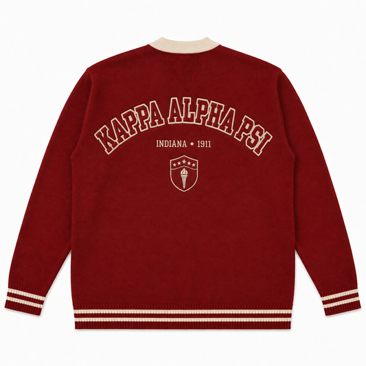 Kappa Alpha Psi red varsity cardigan with back Greek lettering and embroidered details