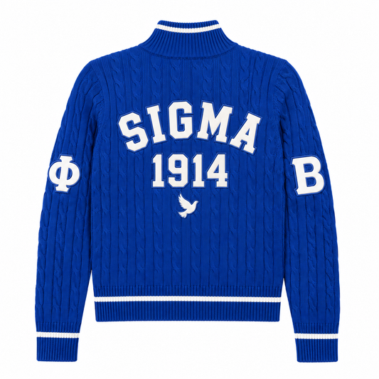 Blue fraternity cardigan back with white SIGMA 1914 lettering, dove emblem and matching sleeve patches