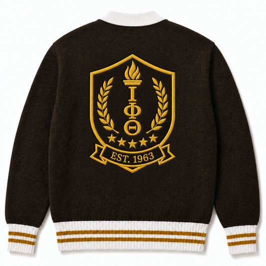 Brown fraternity cardigan back with large gold ΙΦΘ shield, IOTA 1963 lettering and white-gold ribbed stripes