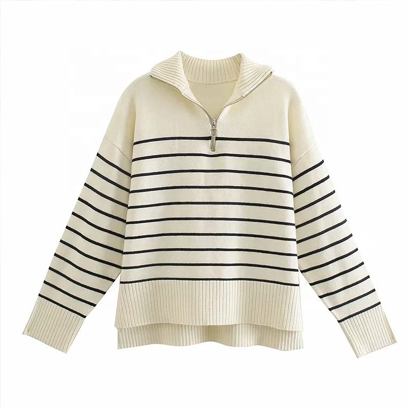 2023 knitwear manufacturer custom white striped long sleeves knit jumpers woman sweater