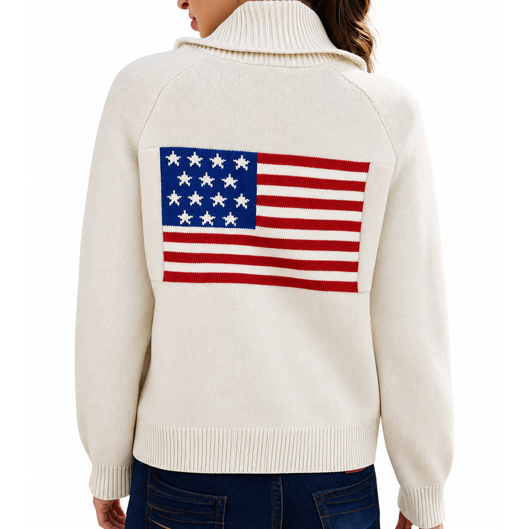 Cream American flag button-up cardigan with V-neckline and long sleeves